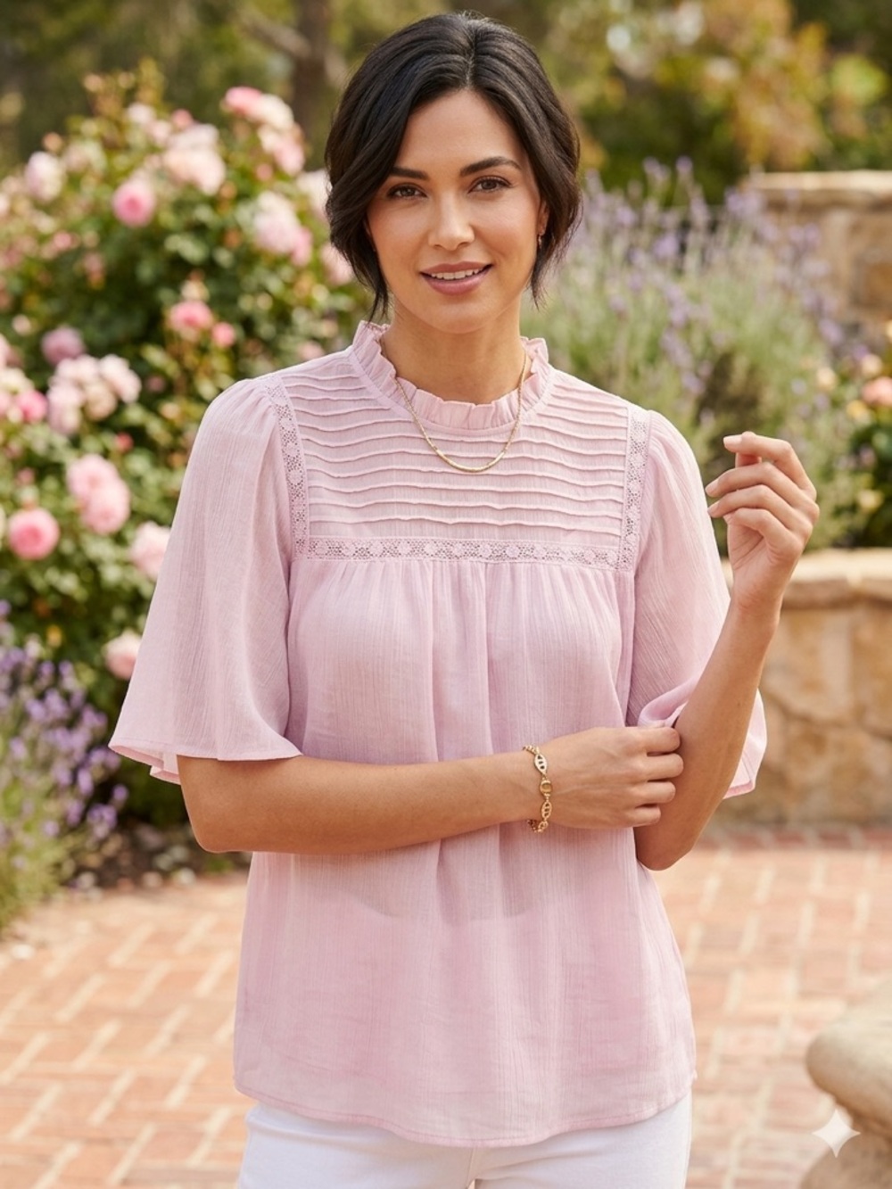 Nanette Lepore Pink Pintuck Lace Trim Blouse - Large